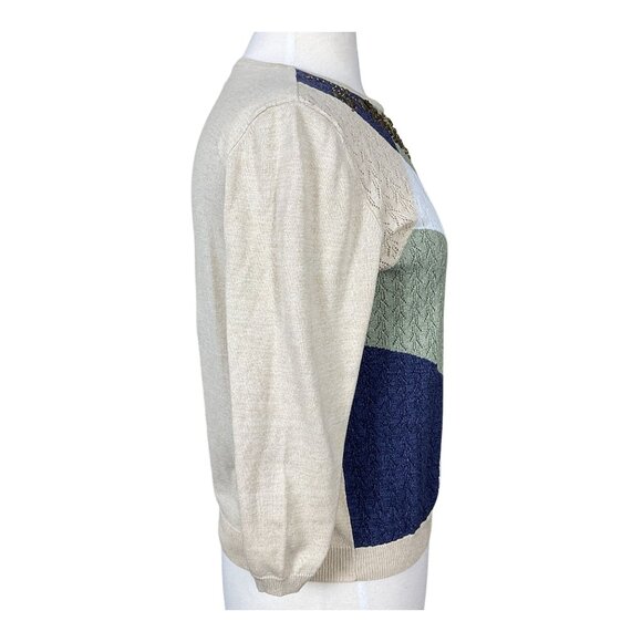 Alfred Dunner 3/4 Sleeve Scoop Neck Pointelle Knit Beaded Colorblock Sweater PM - Picture 3 of 7